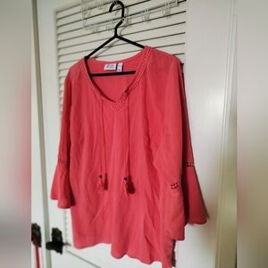 Denim & Co. Women's Orange Boho Tunic Tassels Bell Sleeves Gauze Size XL